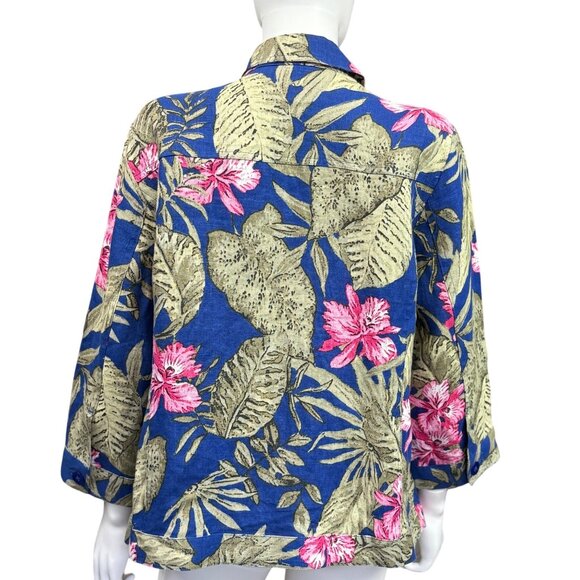 Chicos Tahiti Tropics Linen Jacket 3/4 Sleeve Size 2/L Corsican Blue Floral Prin - Picture 2 of 7